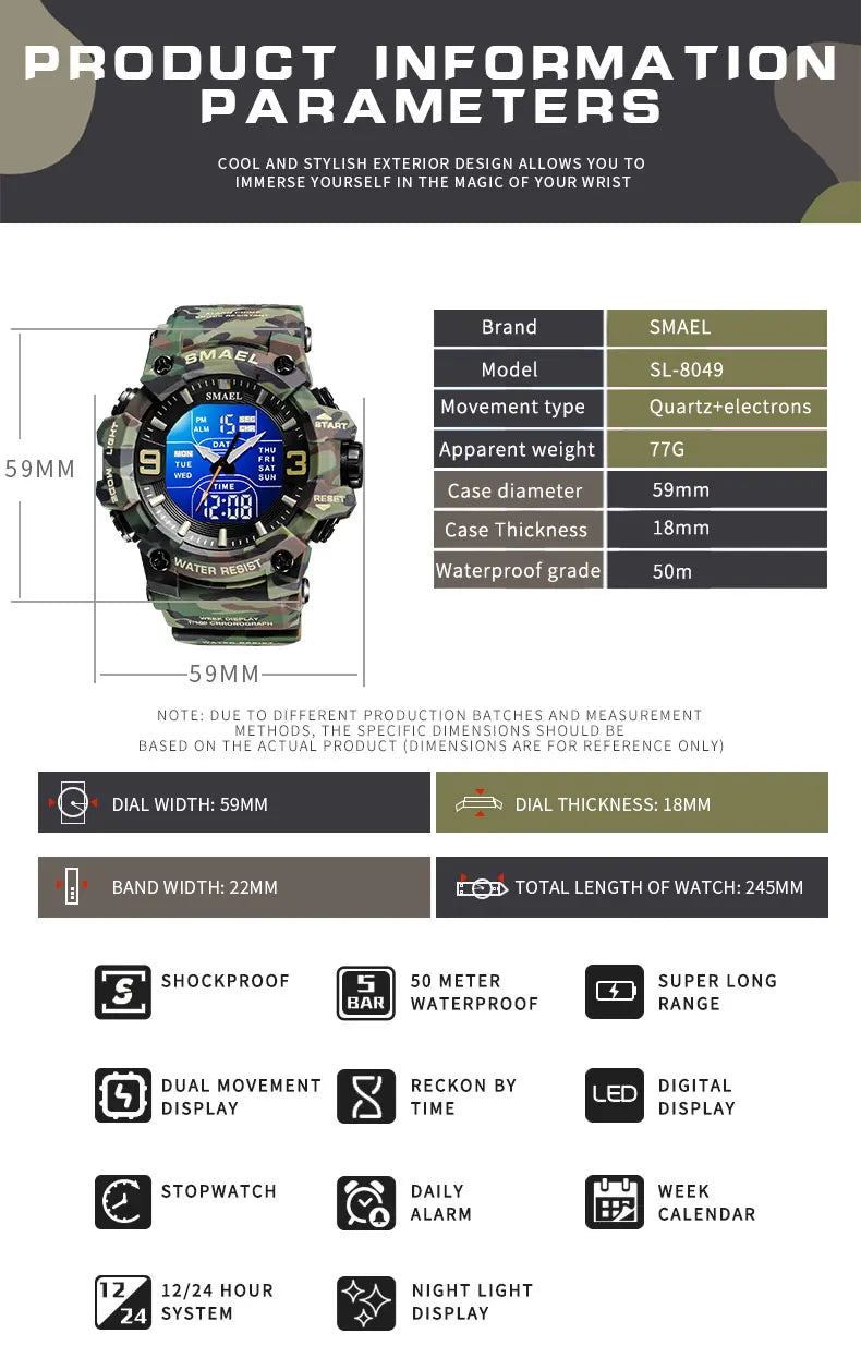 Military Watches Men Sport  Watch Waterproof Alarm Clock Dual Time Wristwatches Digital 8049B Army Watches Military