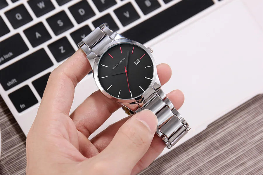 „Hannah Martin“ vyriškas laikrodis, nerūdijančio plieno korpusas, kvarcinis mechanizmas, 41 mm ciferblatas, verslo stiliaus, su kalendoriaus rodymu (imitacija)