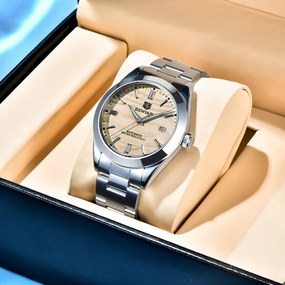 BENYAR best seller 40MM Luxury Mechanical Automatic Watch 316L Stainless Steel Waterproof Calendar Fashion SimpleWatches for Men