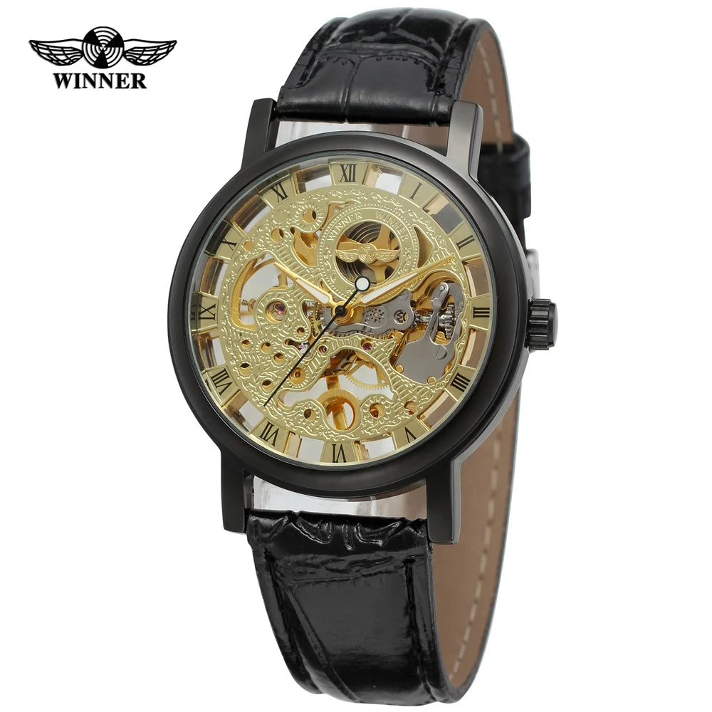 T-Winner Popular Lovers Skeleton Design Gold Watches Mechanical Hand Wind Movement PU Leather Strap Wristwatch for Men Women