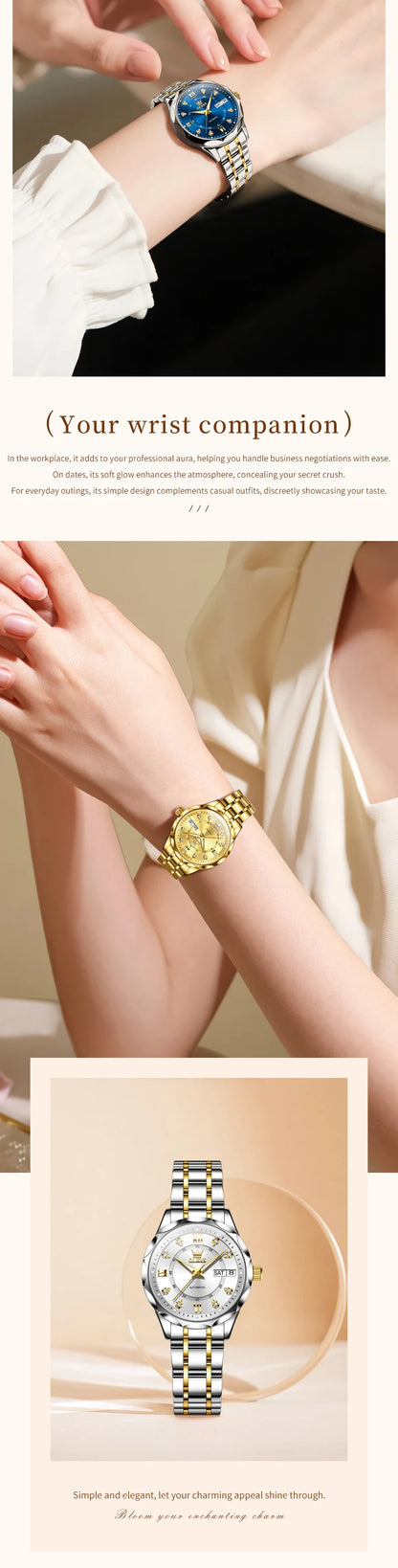 OLEVS 6727 Ladies Watch Automatic Mechanical Watch Stainless Steel Waterproof Calendar Week Watches For Women Luxury Elegant New