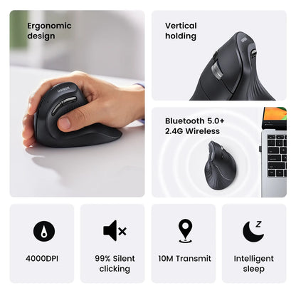 UGREEN Vertical Mouse Wireless Bluetooth 5.0 2.4G Ergonomic 4000DPI 6 Mute Buttons for MacBook Tablet Laptops Computer PC Mice
