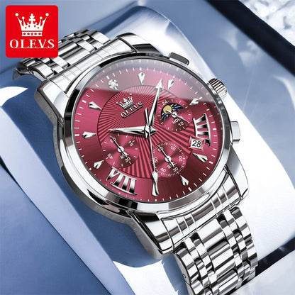 OLEVS Brand Fashion Red Watch for Men Luxury Sport Waterproof Stainless Steel Chronograph Quartz Watches Relogio Masculino