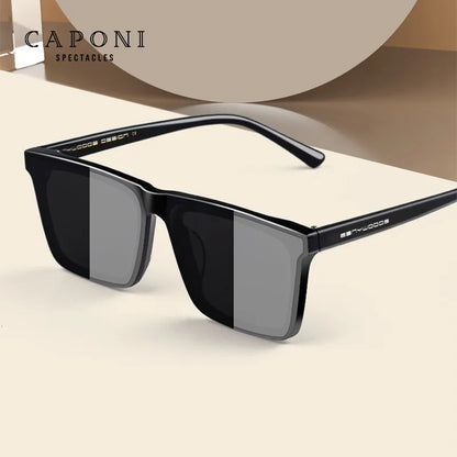 Ochelari de soare polarizați CAPONI din nailon, cu rame din acetat, design pătrat și plat, pentru bărbați, protecție UV400, lentile negre CP7499