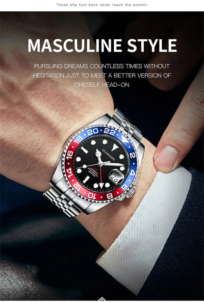 GUANQIN GMT Herrenuhren 2025 Neue Automatikuhr für Herren NH34 Mechanische Armbanduhr Saphirglas Edelstahlgehäuse Linkshänder