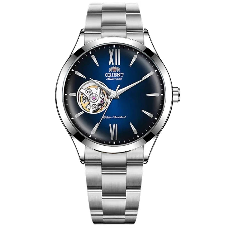 Orient Men's Automatic Open Heart Watch Blue Dial Stainless Steel Band Casual Dress Wristwatch 30M Water Resistant Fashion Watch