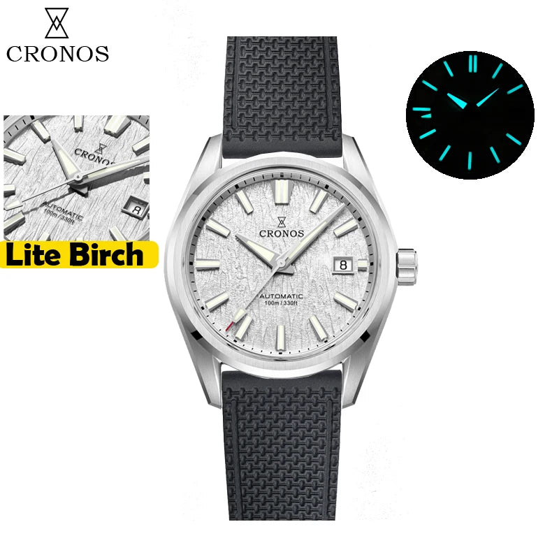 Cronos Men Watch 39mm Automatic Miyota 9015 Movement Wristwatches White Dial Birch Pattern Solid Links Sapphire 10 ATM L6040M