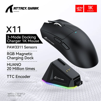 Mouse wireless Attack Shark X11&R1 Tri Mode Bluetooth con base di ricarica RGB, ergonomico e leggero, accessorio per PC gamer