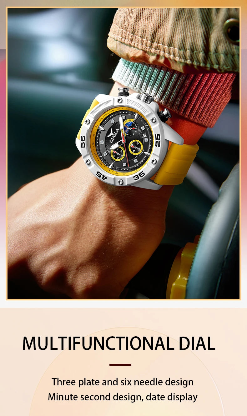 ONOLA New Fashion Casual Men's Watch Multi functional Fluorescent Tape Waterproof Quartz Military Watch Men's Clock High Quality