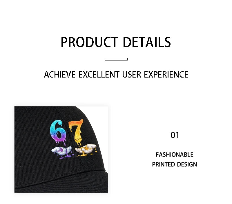 Colorful Dripping Number 67 Print Baseball Cap Adjustable Unisex Cartoon Streetwear Sun Hat