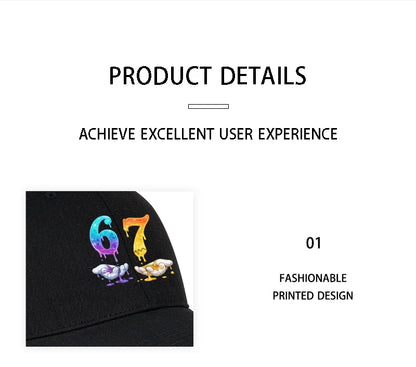 Colorful Dripping Number 67 Print Baseball Cap Adjustable Unisex Cartoon Streetwear Sun Hat