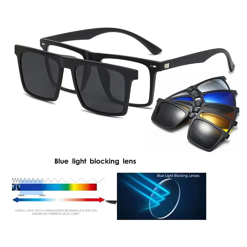 Ochelari de soare polarizați cu magnet pentru miopie, pentru femei și bărbați, ochelari cu clemă, ochelari optici pătrați, rame de ochelari 6 în 1 – de la -0,5 la -10