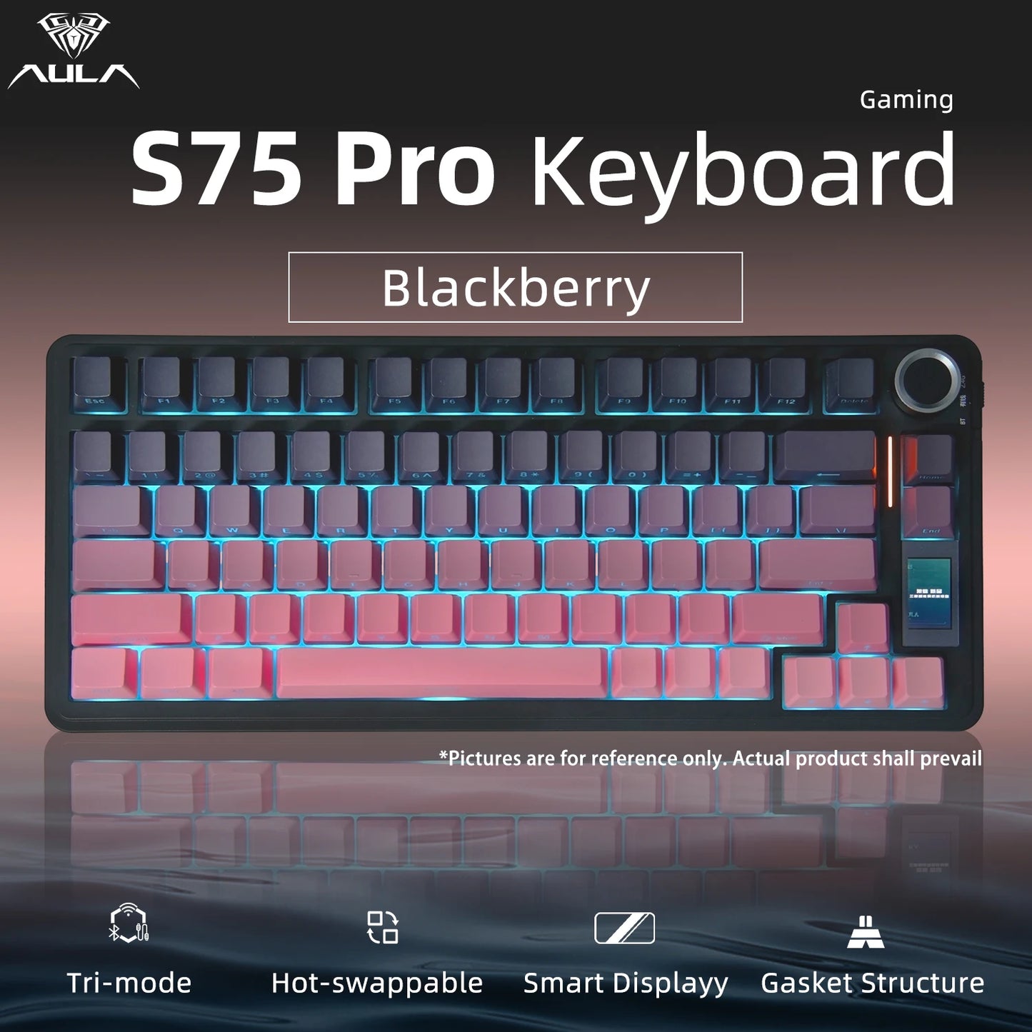 Teclado Mecânico AULA S75 PRO 75% Layout Personalizado Retroiluminação RGB Sem Fios Bluetooth Gaming com Ecrã e Botão Rotativo