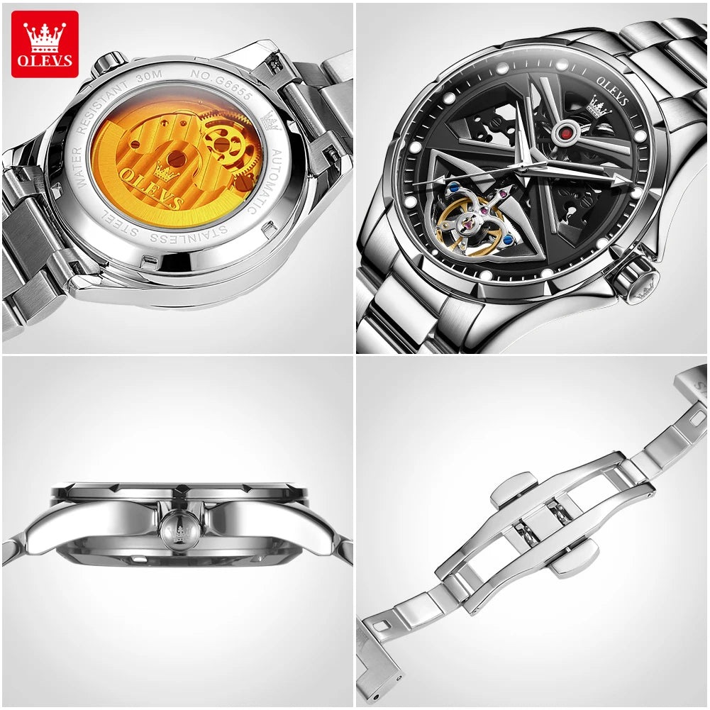 Reloj para hombre OLEVS 6655, modelo esqueleto totalmente automático; reloj de pulsera mecánico de lujo, luminiscente y resistente al agua.