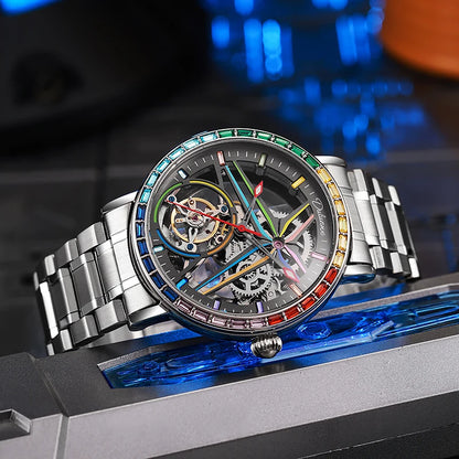 Reloj esqueleto para hombre, de estilo moderno, adornado con piedras preciosas de los colores del arcoíris y dotado de un tourbillon; reloj mecánico automático de lujo, hermético hasta 30 metros.