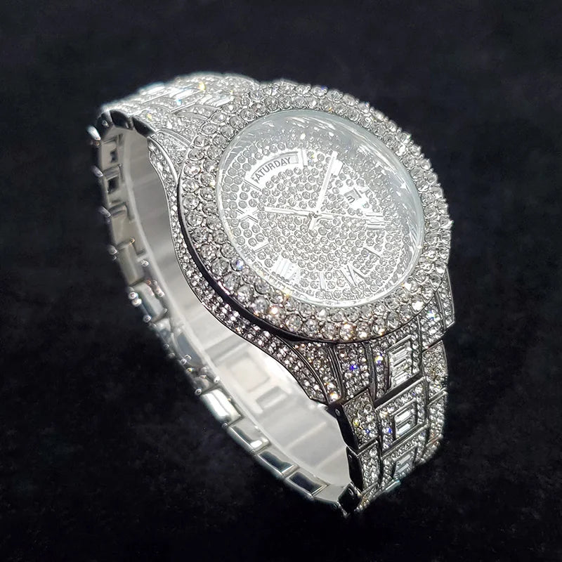 Luxury Diamond Watch for Men Fashion Bling Iced Out Day Date Watches Hip Hop Golden Stainless Steel Quartz Man Clock Hot Sale