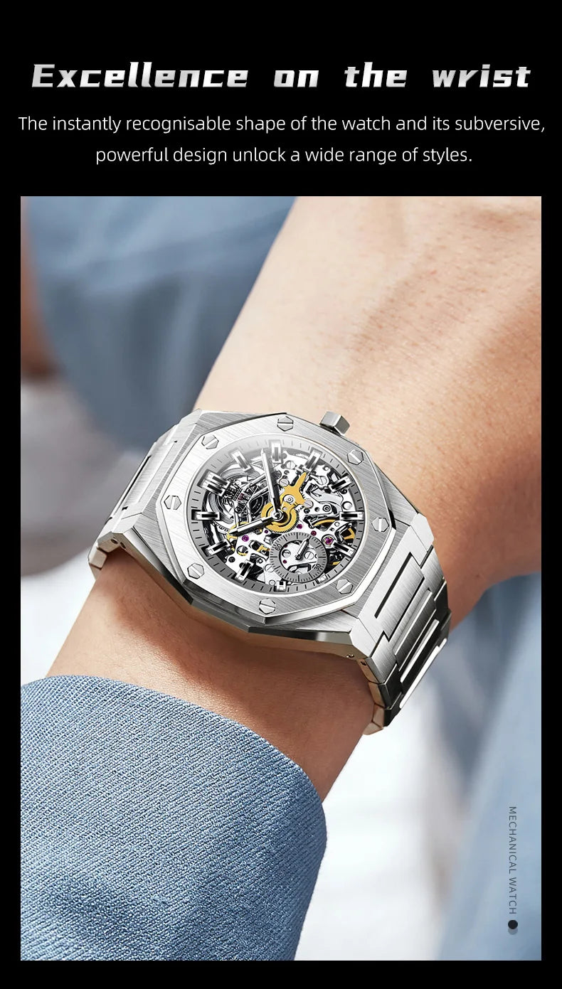 OLEVS Watches Luxury Man High Quality Original Fully Skeleton Automatic Mechanical Watch Stainless Steel Men Watches Gifts Box