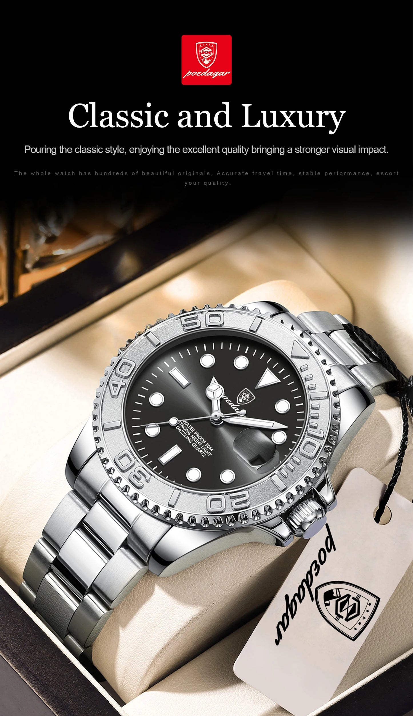 POEDAGAR Luxury Men's Watch Stainless Steel Date Quartz Fashion Watches For Man Waterproof Luminous Business Male Watch+Box Gift