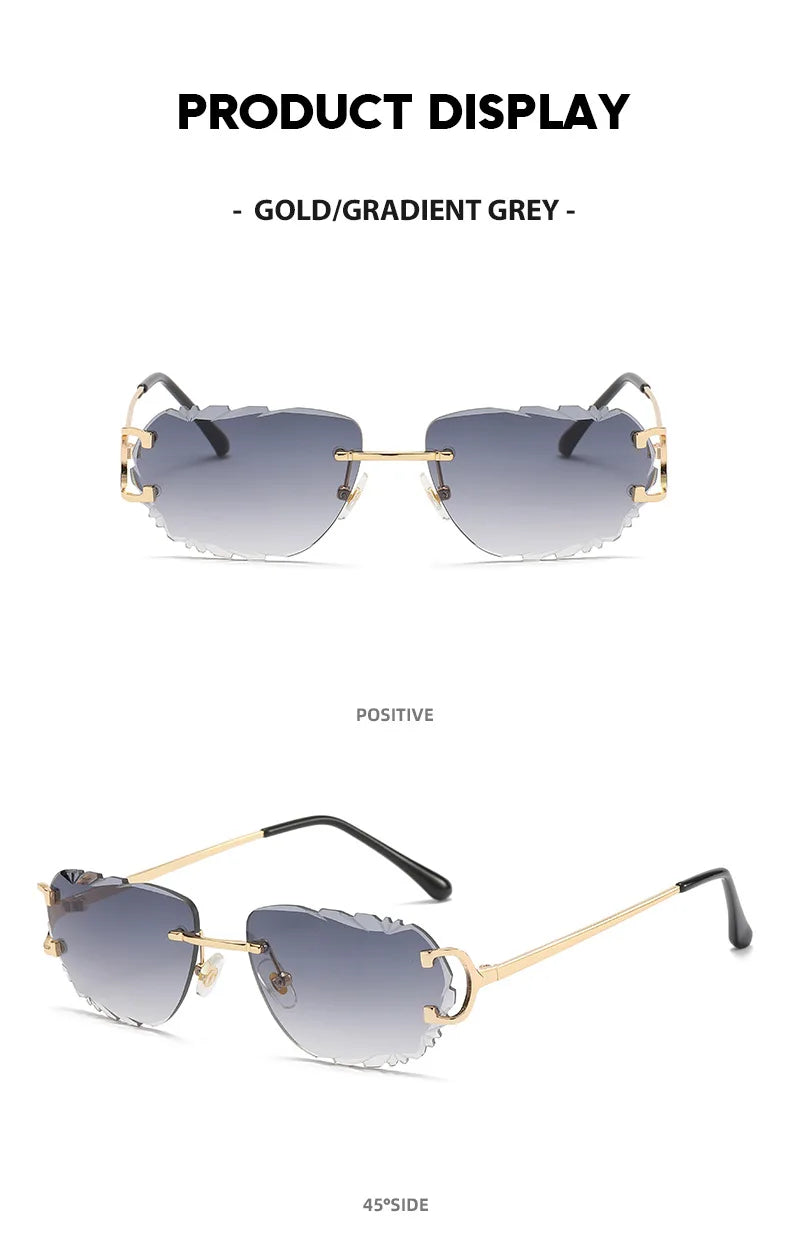 Ochelari de soare retro pentru femei, de marcă, de designer, fără ramă, ochelari de soare la modă, cu lentile tăiate neregulat, ochelari de vedere fără ramă pentru doamne