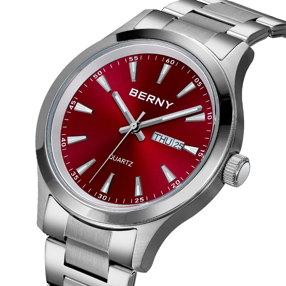 BERNY Men Quartz Watch  Fashion Texture Wristwatch for Men Ultra Thin Men Watch Calendar Luminous Stainless Steel Dress Watches