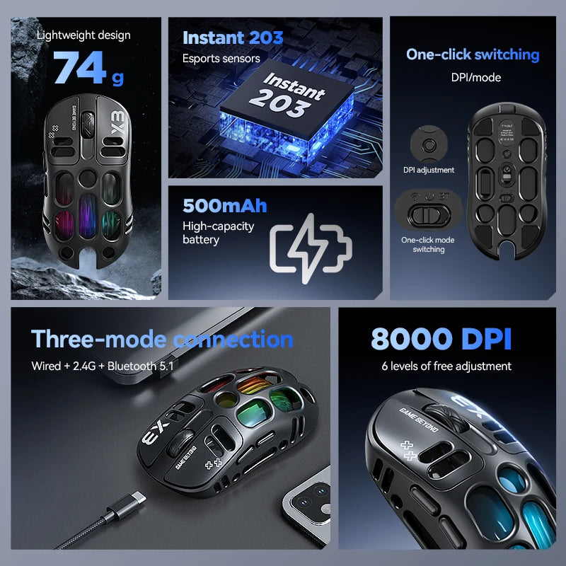 2026 Hollow-out Design Lightweight Computer Game Accessories 3-Mode Bluetooth Wireless Mouse Laptop Rechargeable RGB Backlight