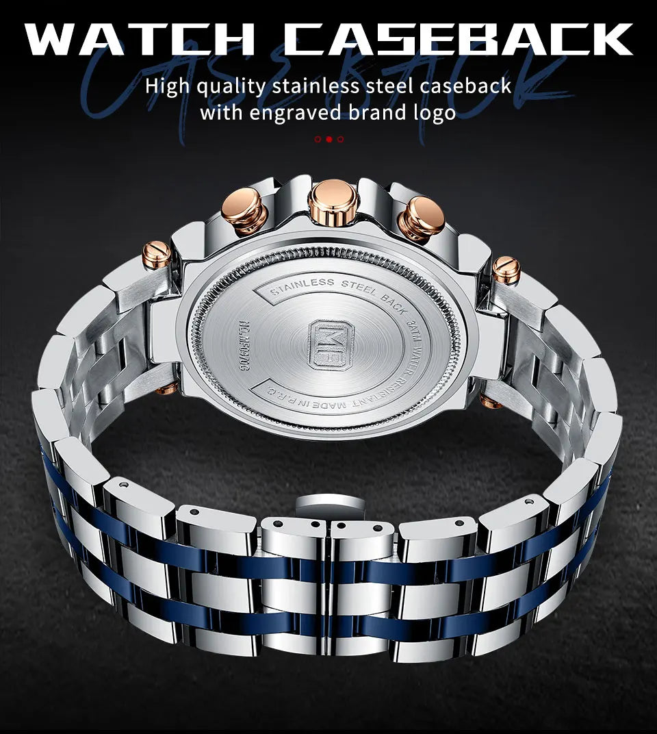 MINI FOCUS Black Stainless Steel Quartz Watch Men Fashion Luminous Dress Wristwatch with Date 24-hour Display Chronograph 0470