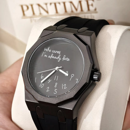 Reloj de lujo para hombre con caja octogonal y correa de silicona, resistente al agua, con una esfera en la que figura el eslogan humorístico «Who Cares I'm Already Late» (Y qué, ya llego tarde).