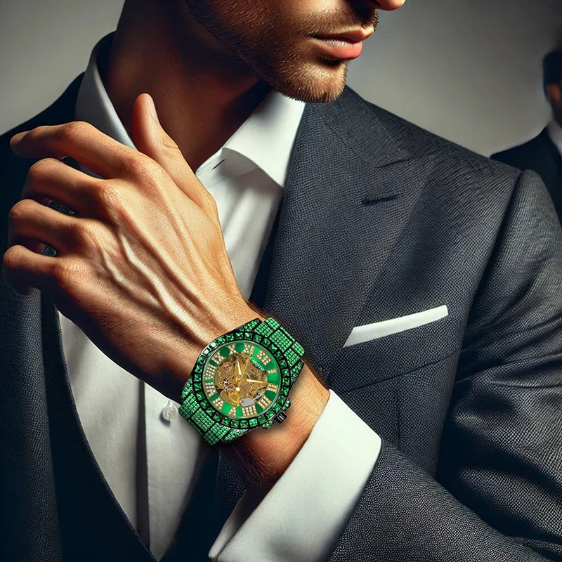 A men's green steel strap luxury trendy analog delicate pinion automatic mechanical watch