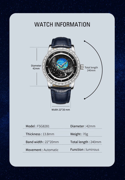 2026 FORSINING Design Earth Star Moon Set With Diamonds Genuine Belt Men Mechanical Automatic Watch Waterproof For Business