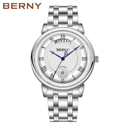 Montre à quartz pour homme BERNY, équipée d'un mouvement Miyota VJ55, modèle de luxe de haute qualité avec affichage du jour, boîtier en acier inoxydable, verre saphir et étanchéité.
