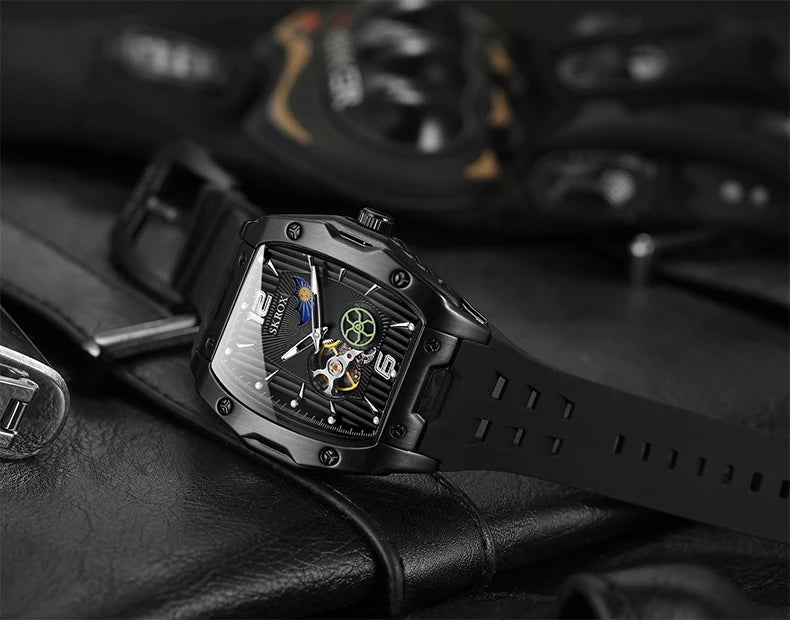 SKROX Designer Luxury Moon Phase Toubillon Automatic Movement Mechanical Clock High Quality Waterproof Silicone Men's Watches