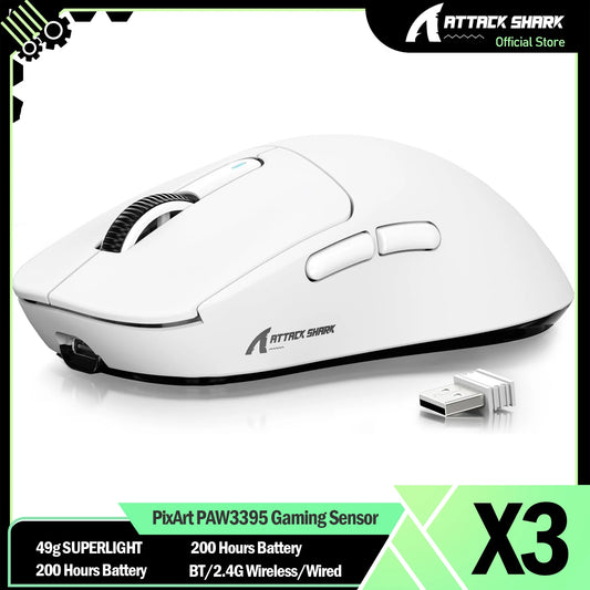 Mouse gaming wireless ATTACK SHARK X3 PixArt PAW3395 49g SUPERLIGHT, BT/2.4G wireless/cablato, 6 DPI regolabili fino a 26000