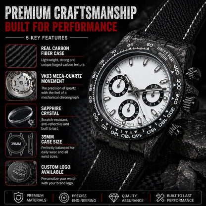 39mm Carbon Fiber Panda Chronograph Watch VK63 Quartz Sapphire Crystal Custom Logo Men's Sports Wristwatch