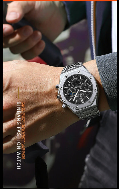 BINBOND Top Brand Man Quartz Watch Luxury Luminous Chronograph Wristwatch Stainless Steel Waterproof Men Date Calendar Clock