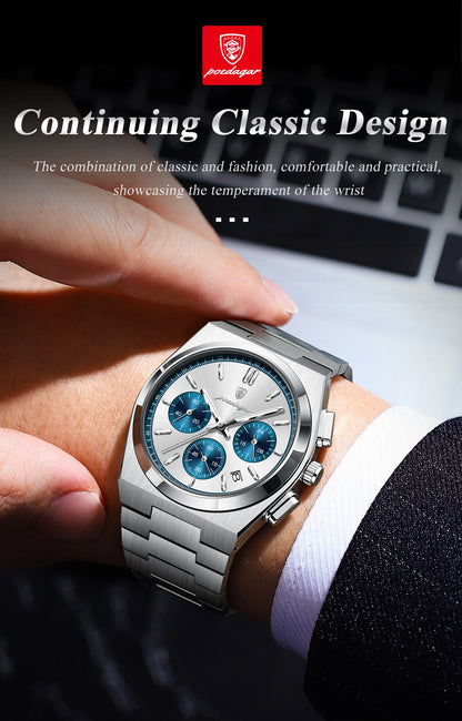 POEDAGAR Fashion Men's Wristwatch Chronograph Date Stainless Steel Quartz Man Clock Waterproof Luminous Business Watches For Men