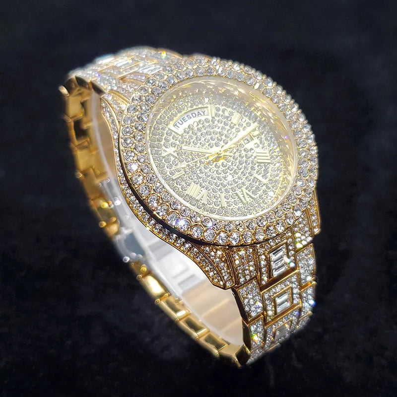 Luxury Diamond Watch for Men Fashion Bling Iced Out Day Date Watches Hip Hop Golden Stainless Steel Quartz Man Clock Hot Sale