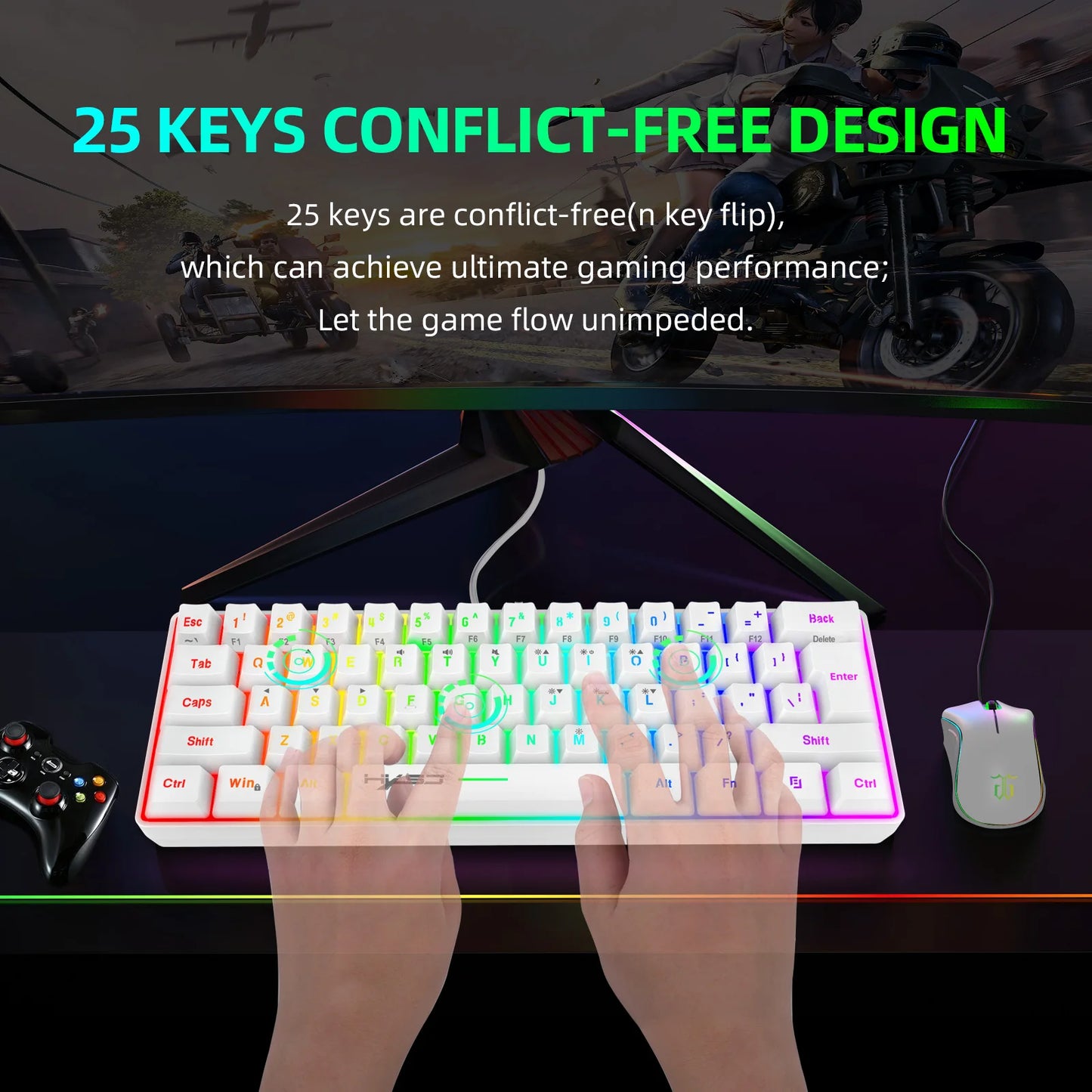 Novo mini teclado gaming com fios, teclado de membrana fino de 61 teclas, brilho RGB tátil e várias combinações de teclas rápidas, adequado para gaming e escritório