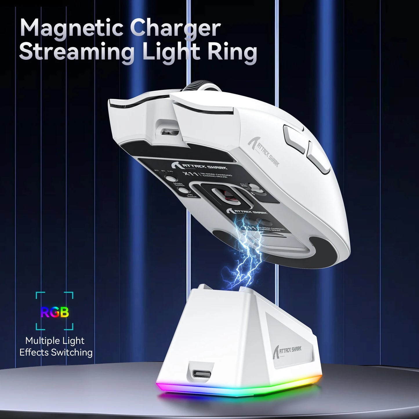Mouse wireless Attack Shark X11&R1 Tri Mode Bluetooth con base di ricarica RGB, ergonomico e leggero, accessorio per PC gamer