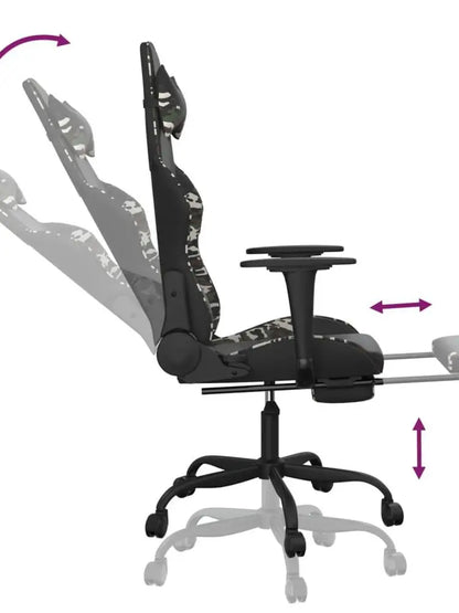 Gaming Chair with Footrest Black and Camouflage 66X56X120,5-131 cm in Imitation Leather, Reclining 360 Swivel ° Can Carry 110 kg