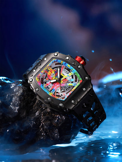 Luxury Watch Men Wrist Watches Tonneau Multifunction Graffiti Dial Auto Date Waterproof Sports Casual Clock Men Quartz Watches