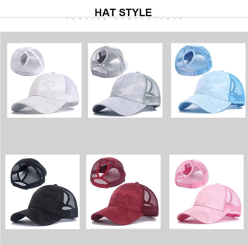 2023 Women Summer Ponytail Baseball Cap Cotton Camouflage Print Mesh Hat Adjustable Sports Golf Hat Girl Outdoor Casual Sun Hat