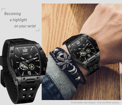 SKROX Designer Luxury Moon Phase Toubillon Automatic Movement Mechanical Clock High Quality Waterproof Silicone Men's Watches
