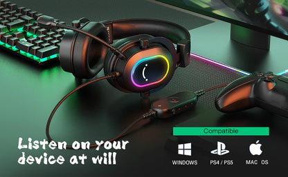 Cuffie gaming RGB dinamiche Fifine con microfono, over-ear, audio surround 7.1, PC PS4 PS5, 3 opzioni EQ Game Movie Music - H6