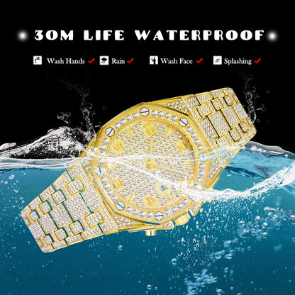 Gold Watches For Men Full Iced Diamond Men's Quartz Watch Luxury Fashion Calendar Wristwatch Dropshipping
