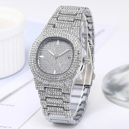 2022 New Iced Out Women Watch Gold Silver Color Square Diamondd Quartz Luxury Hip Hop Wrist Watches Roman Clock Gift boyfriend