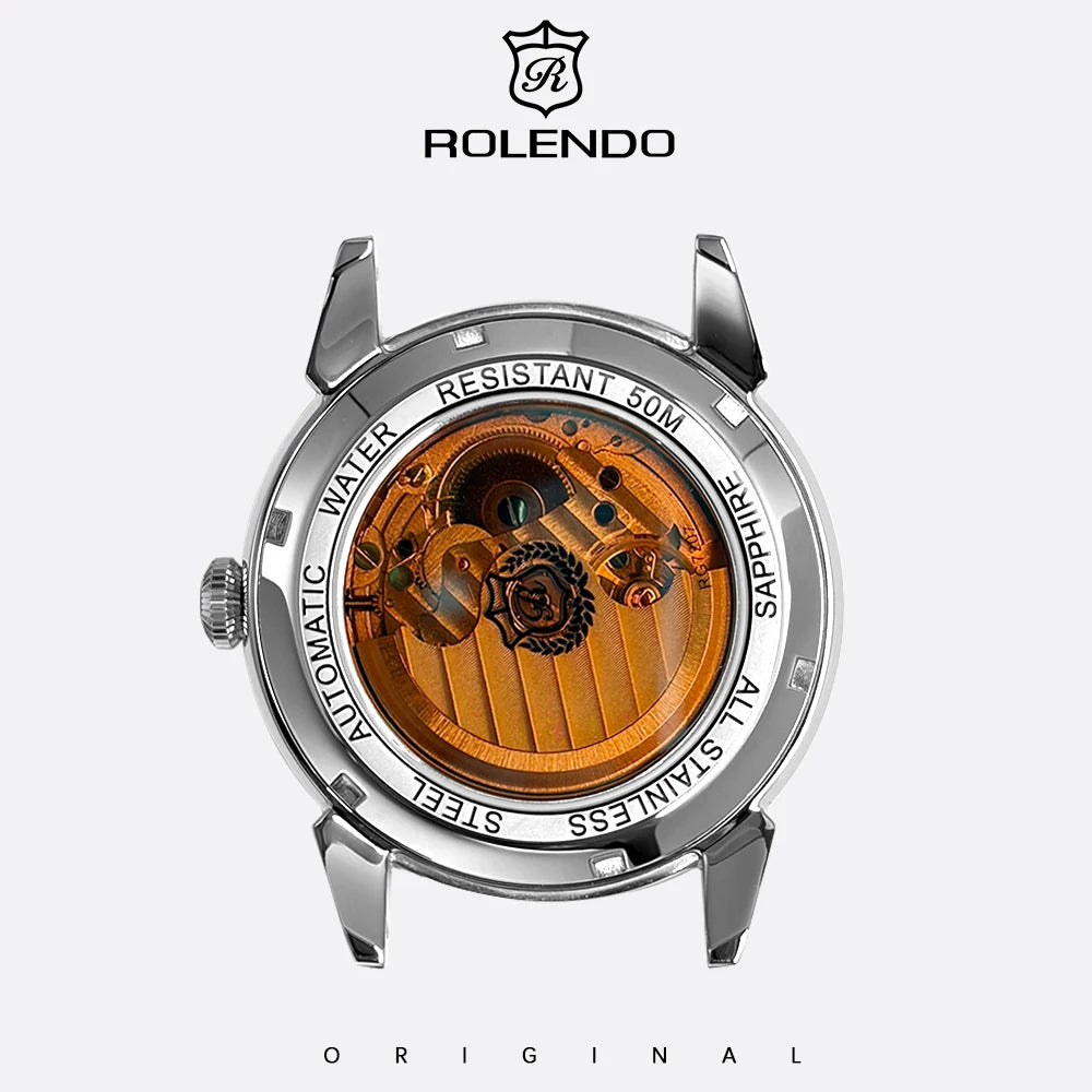 ROLENDO 1908 Men Automatic Mechanical Watch Diamond Luminous Leather Strap Waterproof Business Luxury Wristwatch For Male Gift