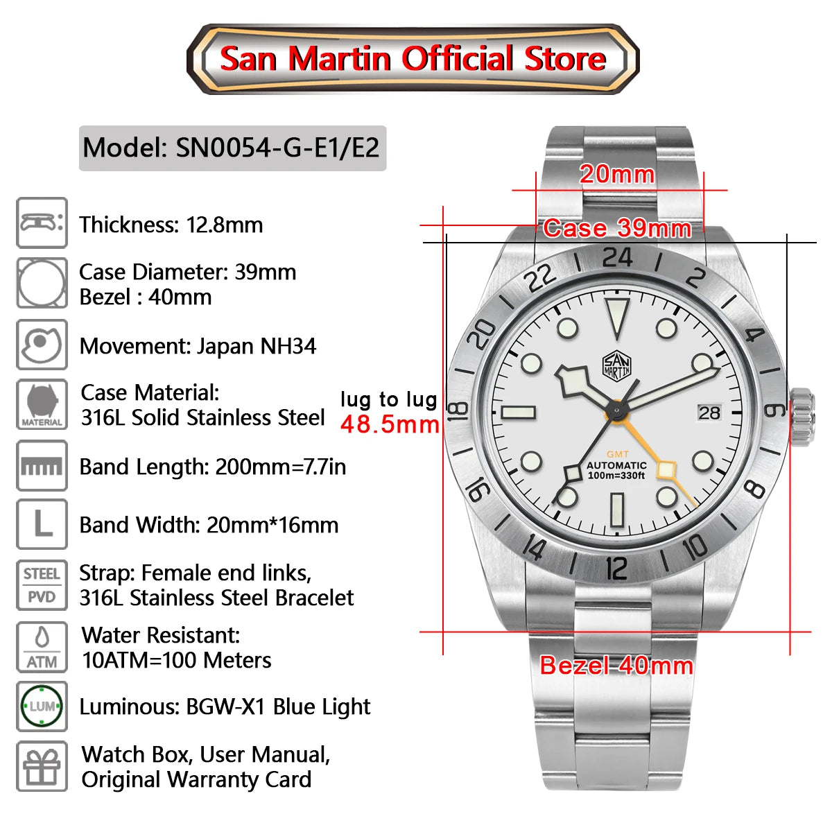 San Martin New 39mm NH34 BB GMT Automatic Mechanical Watch Sport Watch Sapphire Luminous Waterproof 100m for Men Watch SN0054