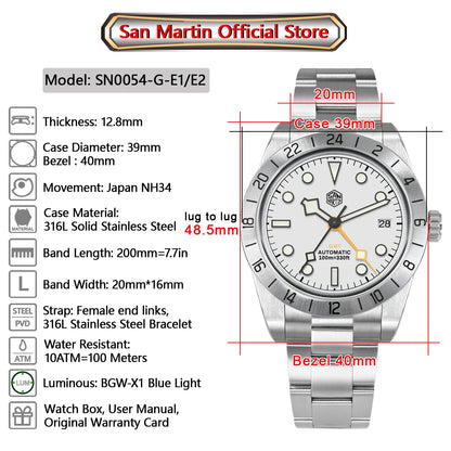 San Martin New 39mm NH34 BB GMT Automatic Mechanical Watch Sport Watch Sapphire Luminous Waterproof 100m for Men Watch SN0054