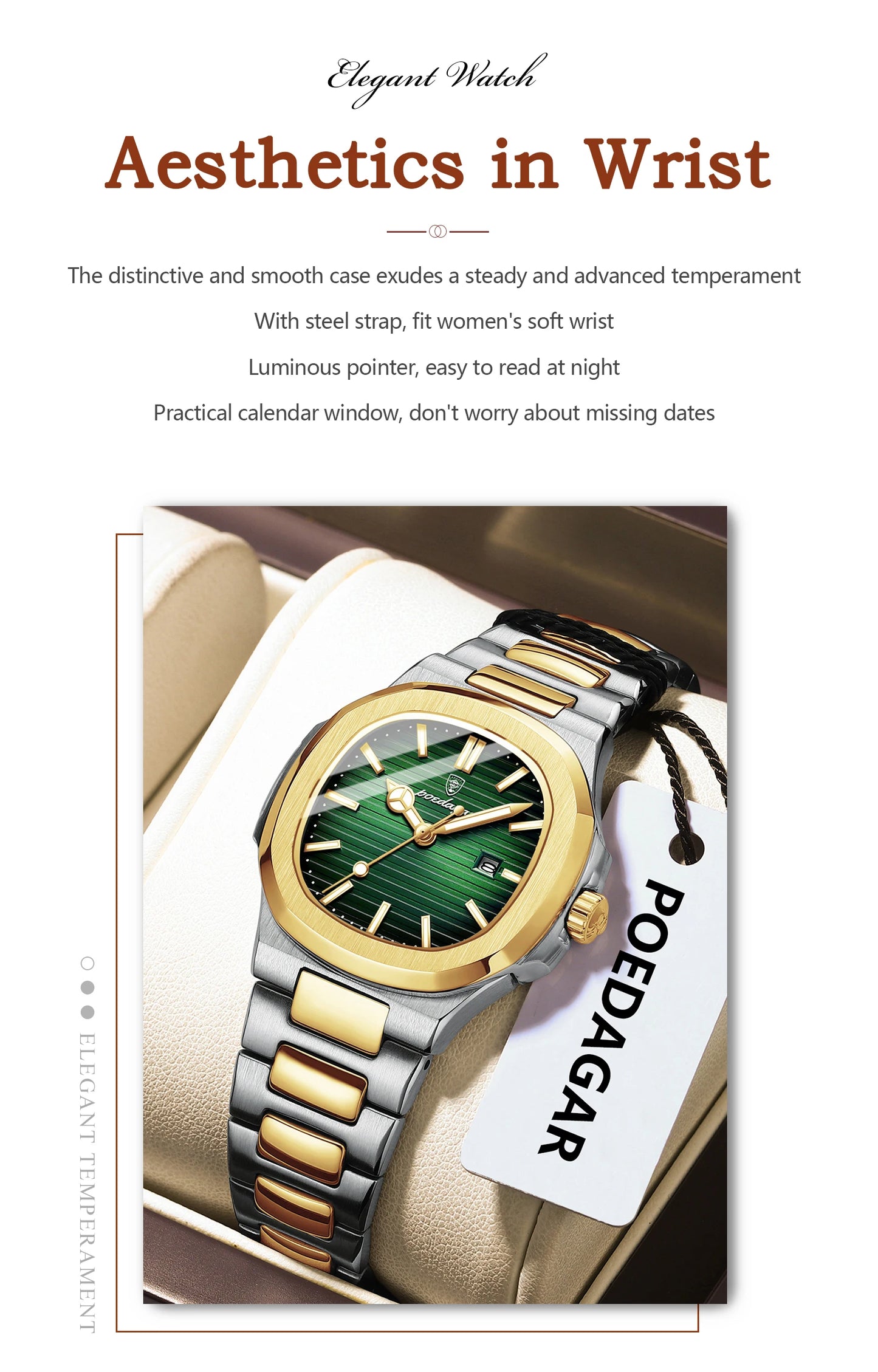POEDAGAR Square Luxury Watch For Woman Waterproof Luminous Date Ladies Wristwatch Stainless Steel Fashion Quartz Women's Watches