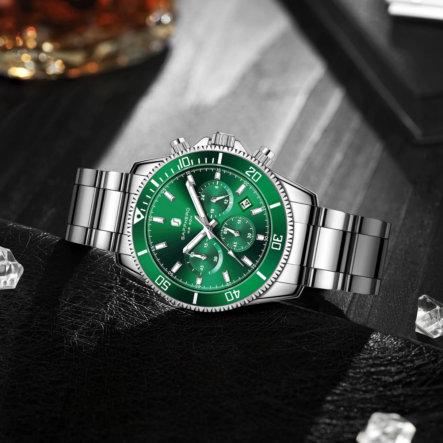 SAPPHERO Men’s Quartz Watch Luxury Chronograph Sport Wristwatch Stainless Steel Waterproof 50M Date Luminous Business Watch